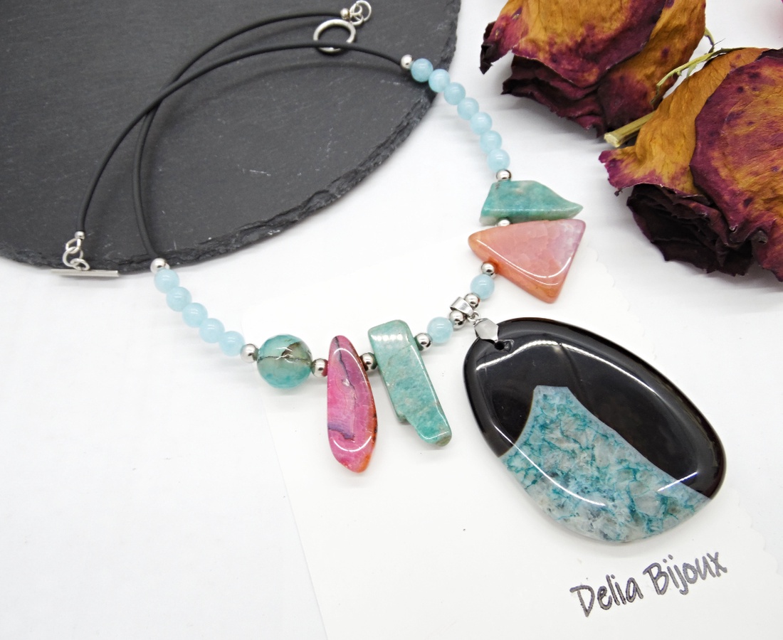 Colier statement - agat, angelit și amazonit bijuterie handmade cu pietre naturale (cod1355) - bijuterii - coliere - coliere din pietre semiprețioase - Artynos.ro