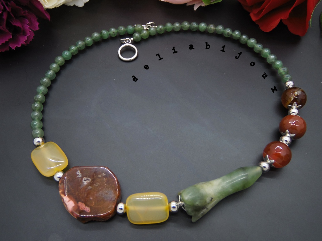 Colier handmade unicat - floare jad, agate, aventurin (cod942) - bijuterii - coliere - coliere din pietre semiprețioase - Artynos.ro