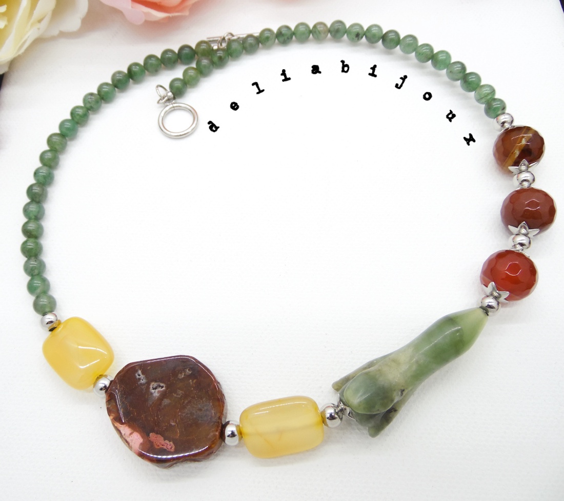 Colier handmade unicat - floare jad, agate, aventurin (cod942) - bijuterii - coliere - coliere din pietre semiprețioase - Artynos.ro