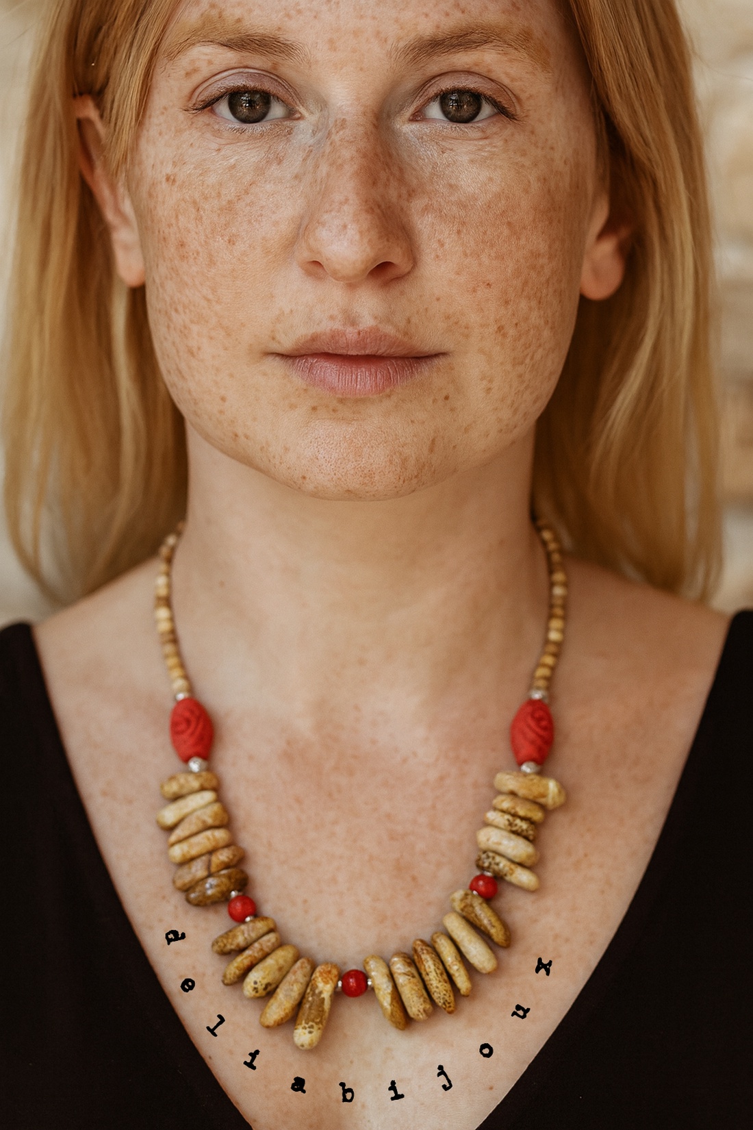 Colier statement handmade unicat - jasp si cinabru (cod1281) - bijuterii - coliere - coliere din pietre semiprețioase - Artynos.ro