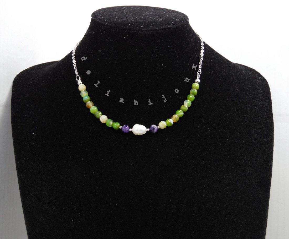 Colier lant otel inoxidabil, agate si perla de cultura naturala (cod1152) - bijuterii - coliere - coliere din pietre semiprețioase - Artynos.ro