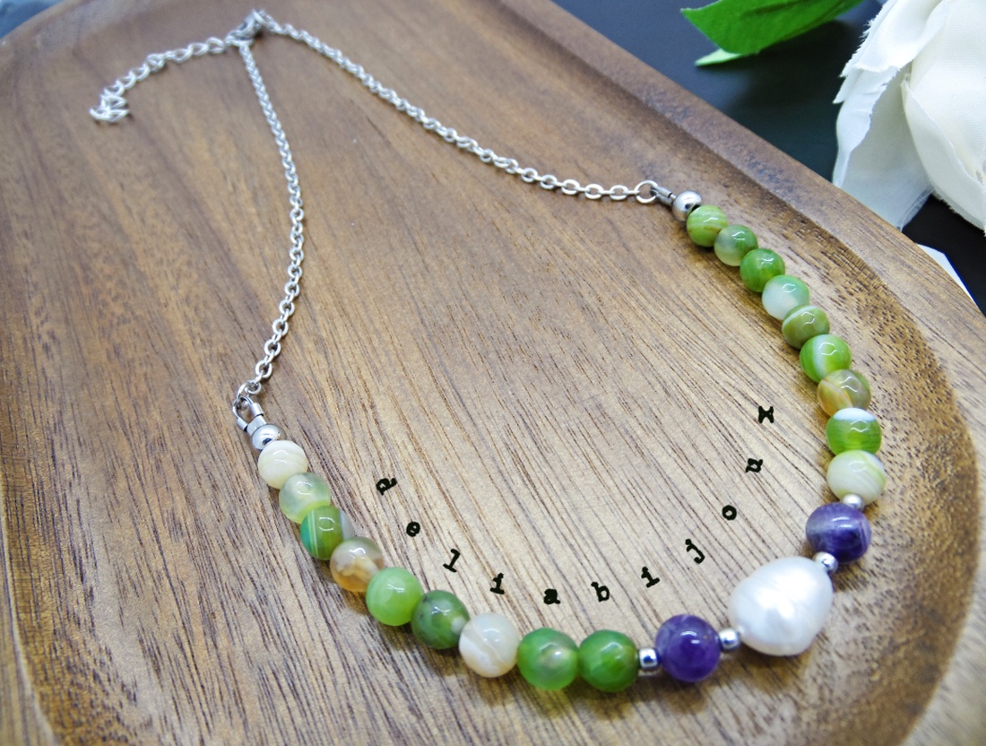 Colier lant otel inoxidabil, agate si perla de cultura naturala (cod1152) - bijuterii - coliere - coliere din pietre semiprețioase - Artynos.ro