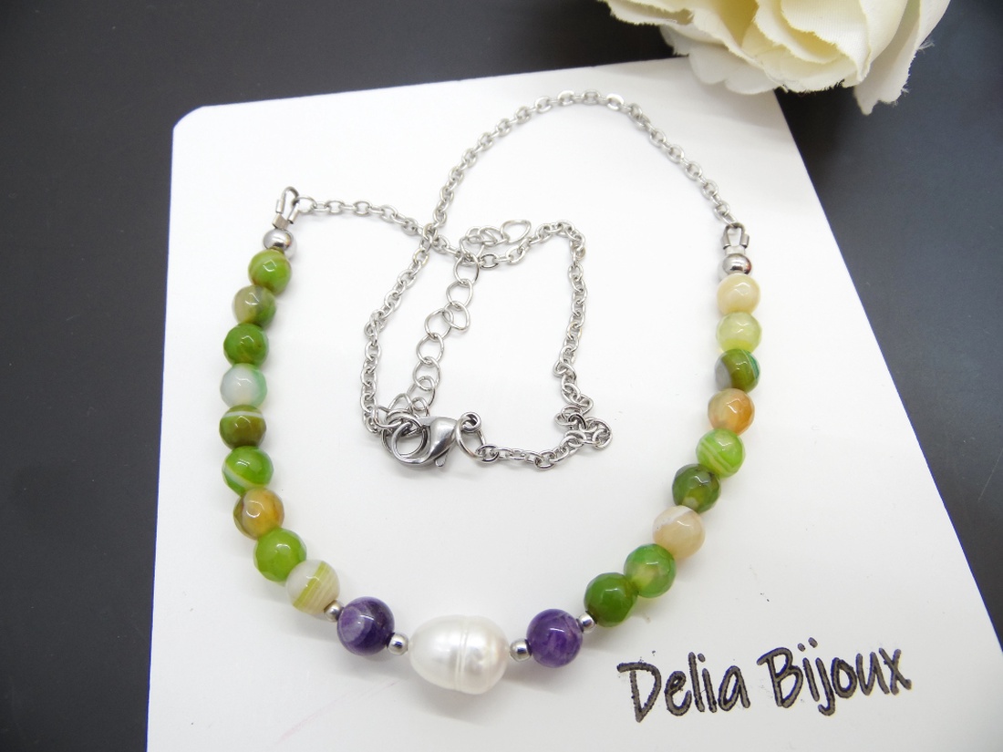 Colier lant otel inoxidabil, agate si perla de cultura naturala (cod1152) - bijuterii - coliere - coliere din pietre semiprețioase - Artynos.ro