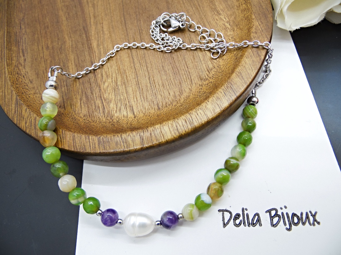 Colier lant otel inoxidabil, agate si perla de cultura naturala (cod1152) - bijuterii - coliere - coliere din pietre semiprețioase - Artynos.ro