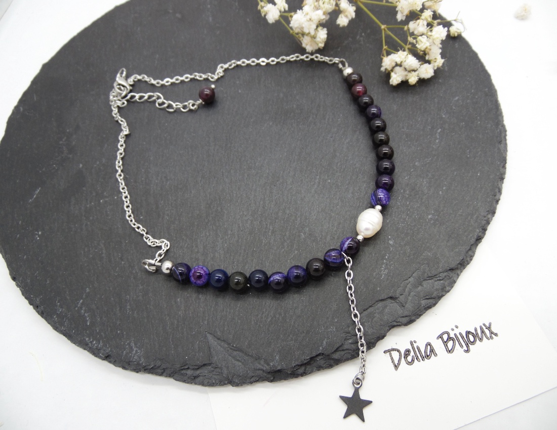 Colier lant otel inoxidabil, agate si perla de cultura naturala (cod1145) - bijuterii - coliere - coliere din pietre semiprețioase - Artynos.ro