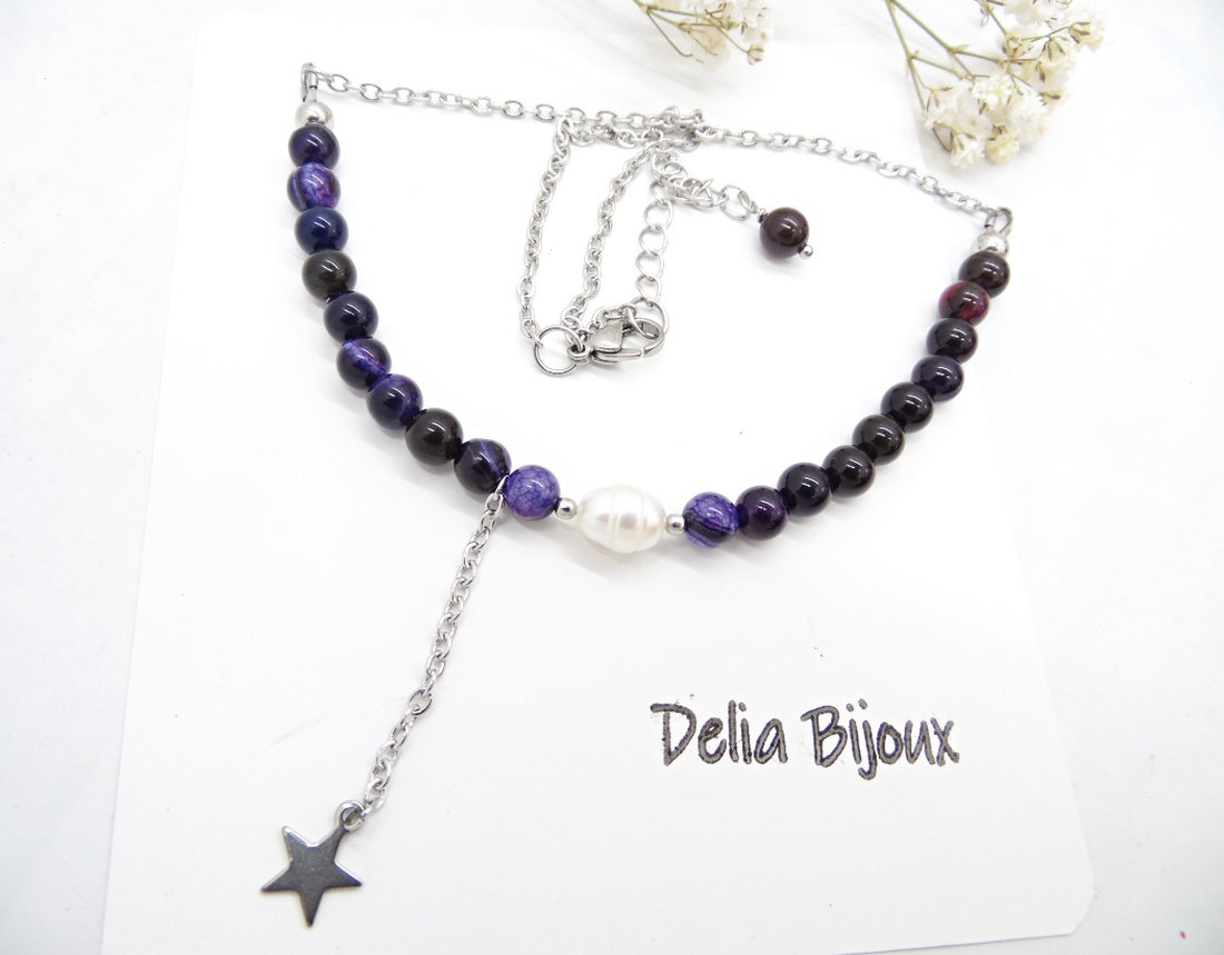 Colier lant otel inoxidabil, agate si perla de cultura naturala (cod1145) - bijuterii - coliere - coliere din pietre semiprețioase - Artynos.ro