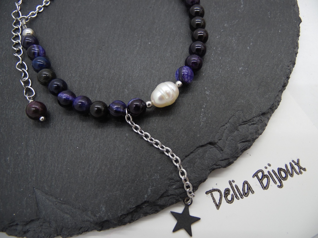 Colier lant otel inoxidabil, agate si perla de cultura naturala (cod1145) - bijuterii - coliere - coliere din pietre semiprețioase - Artynos.ro