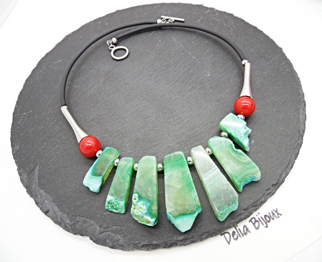 Colier statement cu agate naturale și mărgele de scoică (cod1358) - bijuterii - coliere - coliere din pietre semiprețioase - Artynos.ro