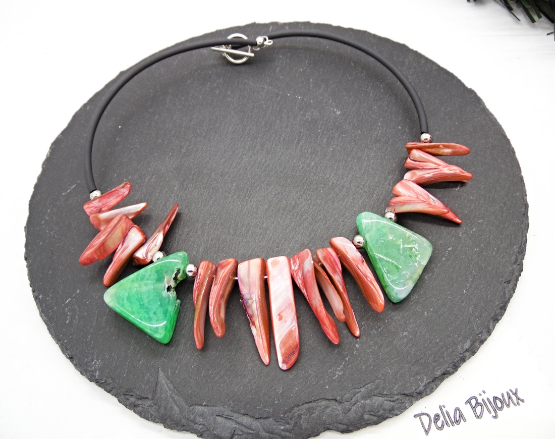 Colier statement din sidef roz și agate verzi (cod1361) - bijuterii - coliere - coliere din pietre semiprețioase - Artynos.ro