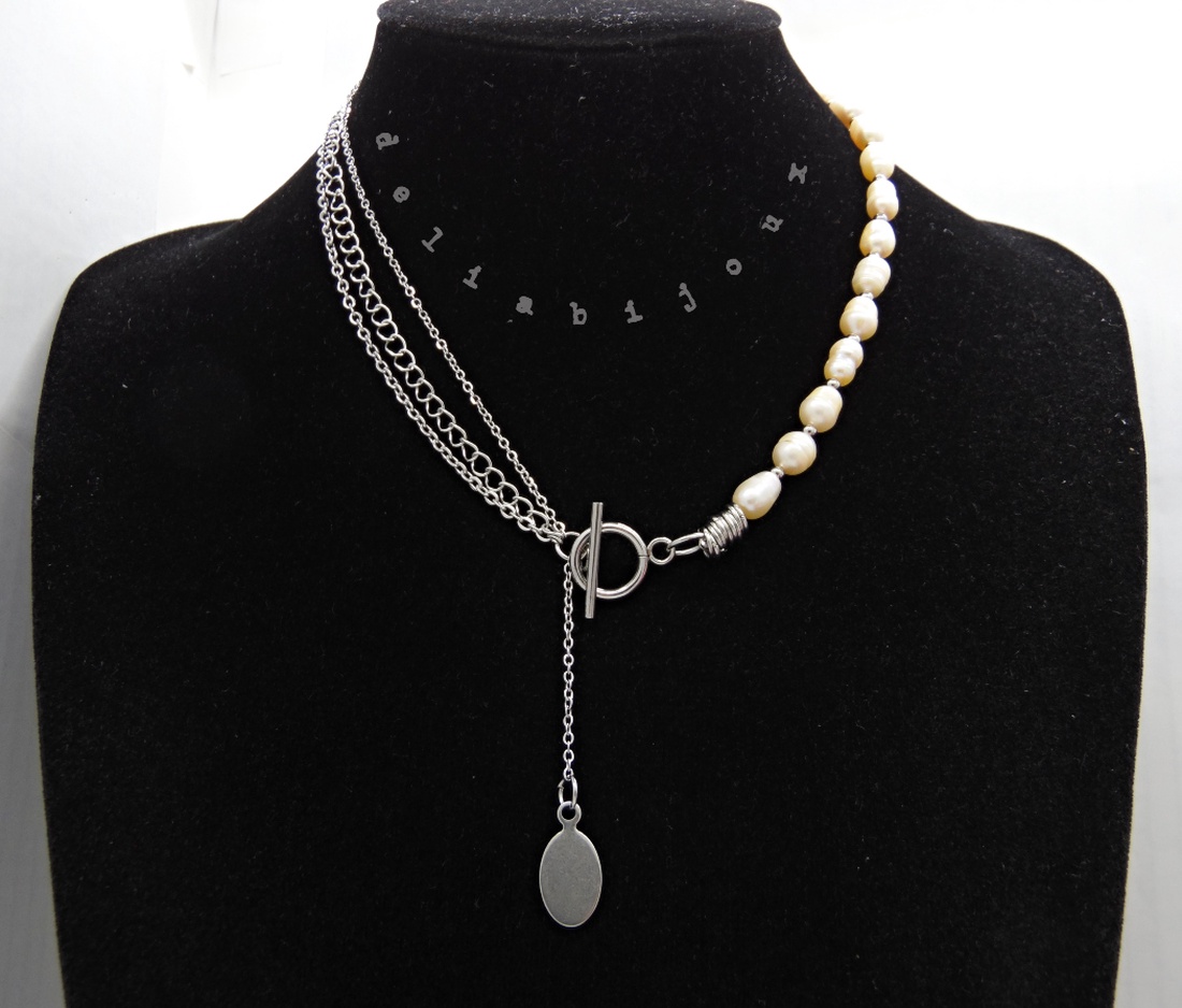 Colier asimetric cu perle de cultură, lanțuri și pandantiv din inox 3 moduri de purtare (cod1368) - bijuterii - coliere - coliere din mărgele - Artynos.ro