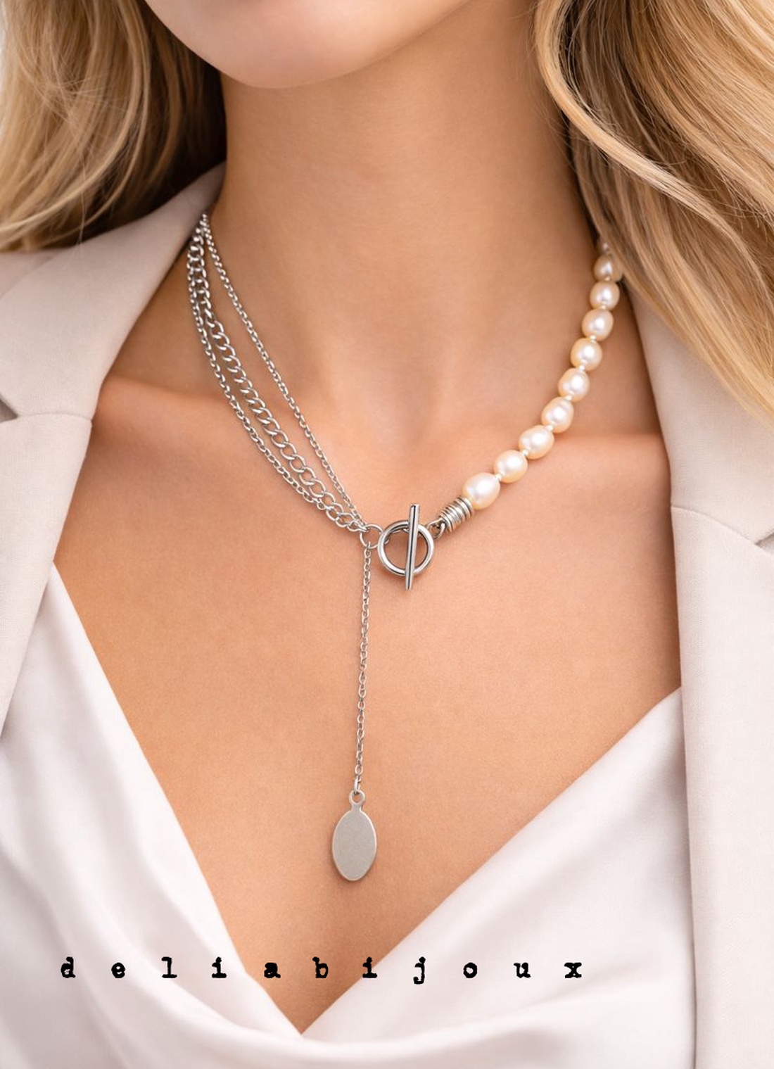 Colier asimetric cu perle de cultură, lanțuri și pandantiv din inox 3 moduri de purtare (cod1368) - bijuterii - coliere - coliere din mărgele - Artynos.ro