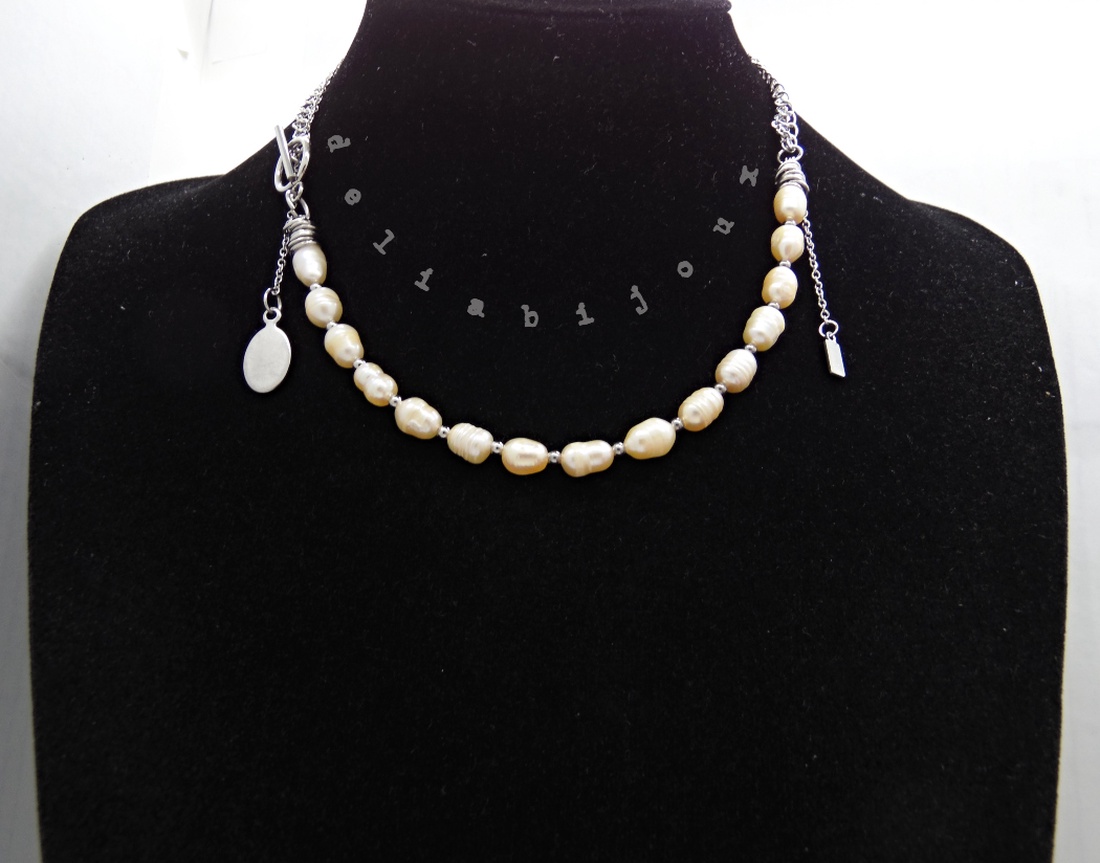 Colier asimetric cu perle de cultură, lanțuri și pandantiv din inox 3 moduri de purtare (cod1368) - bijuterii - coliere - coliere din mărgele - Artynos.ro