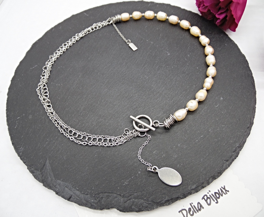 Colier asimetric cu perle de cultură, lanțuri și pandantiv din inox 3 moduri de purtare (cod1368) - bijuterii - coliere - coliere din mărgele - Artynos.ro