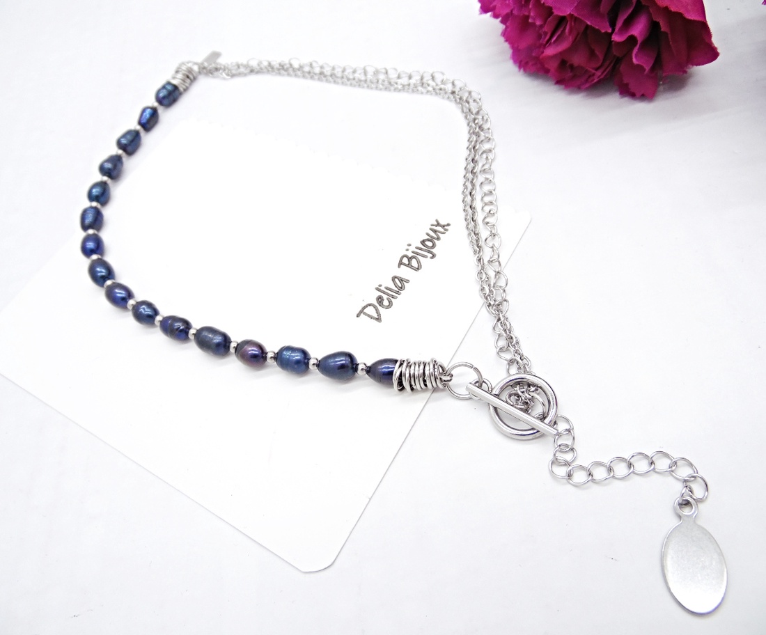 Colier asimetric cu perle de cultură, lanțuri și pandantiv din inox 3 moduri de purtare (cod1369) - bijuterii - coliere - coliere din mărgele - Artynos.ro