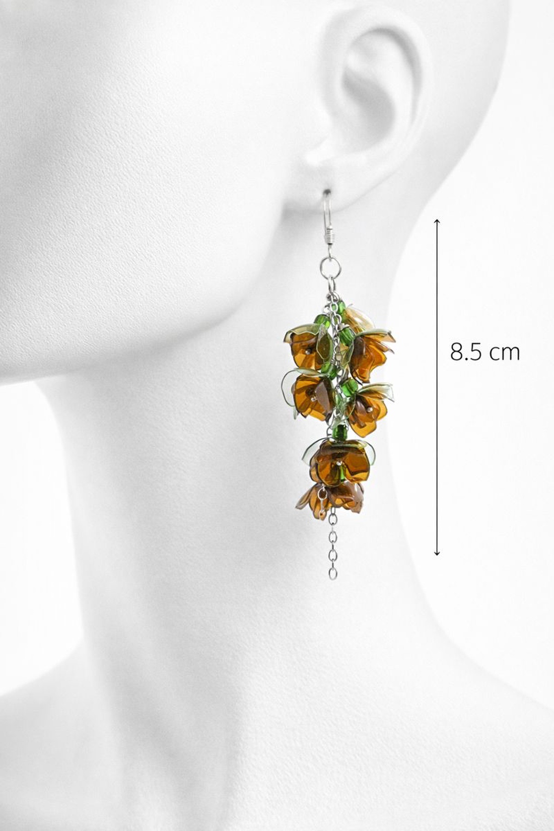 Cercei statement unicat flori verzi-maro handmade din plastic reciclat si inox (cod1316) - bijuterii - cercei - cercei lungi - Artynos.ro