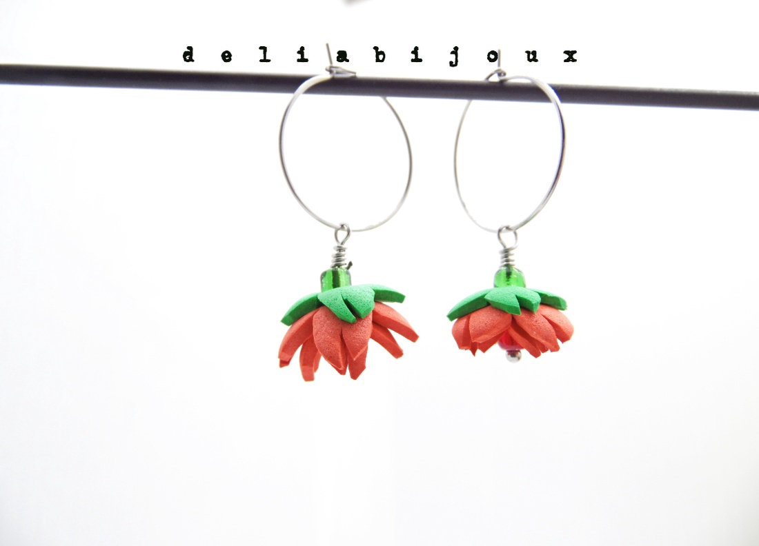 Set Bijuterii Handmade Colier și Cercei cu Flori Roșii (cod1374) - bijuterii - seturi de bijuterii - Artynos.ro