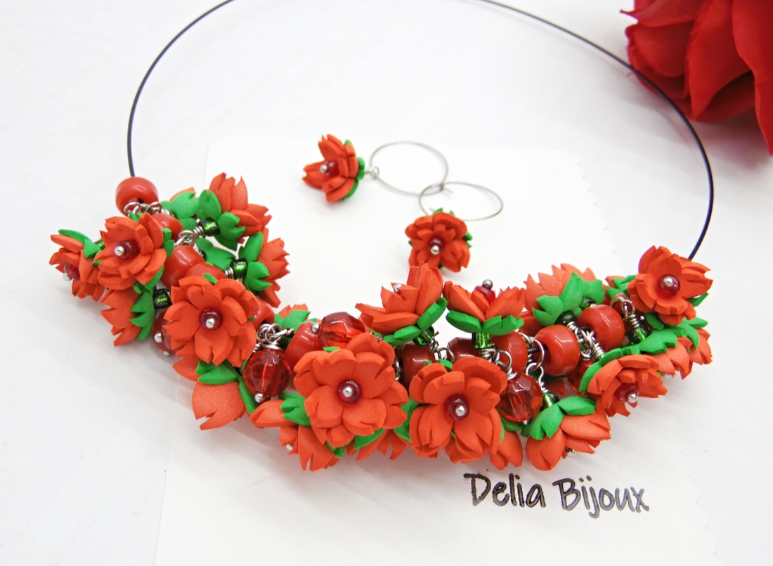 Set Bijuterii Handmade Colier și Cercei cu Flori Roșii (cod1374) - bijuterii - seturi de bijuterii - Artynos.ro