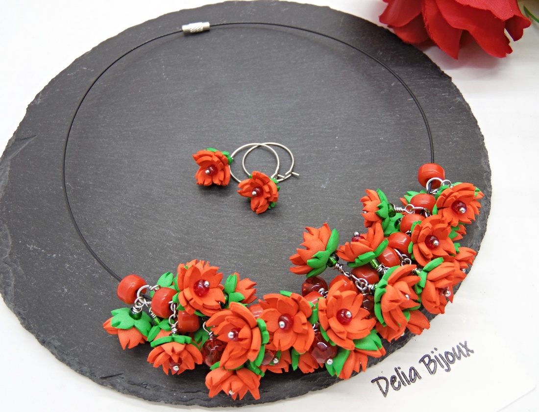Set Bijuterii Handmade Colier și Cercei cu Flori Roșii (cod1374) - bijuterii - seturi de bijuterii - Artynos.ro