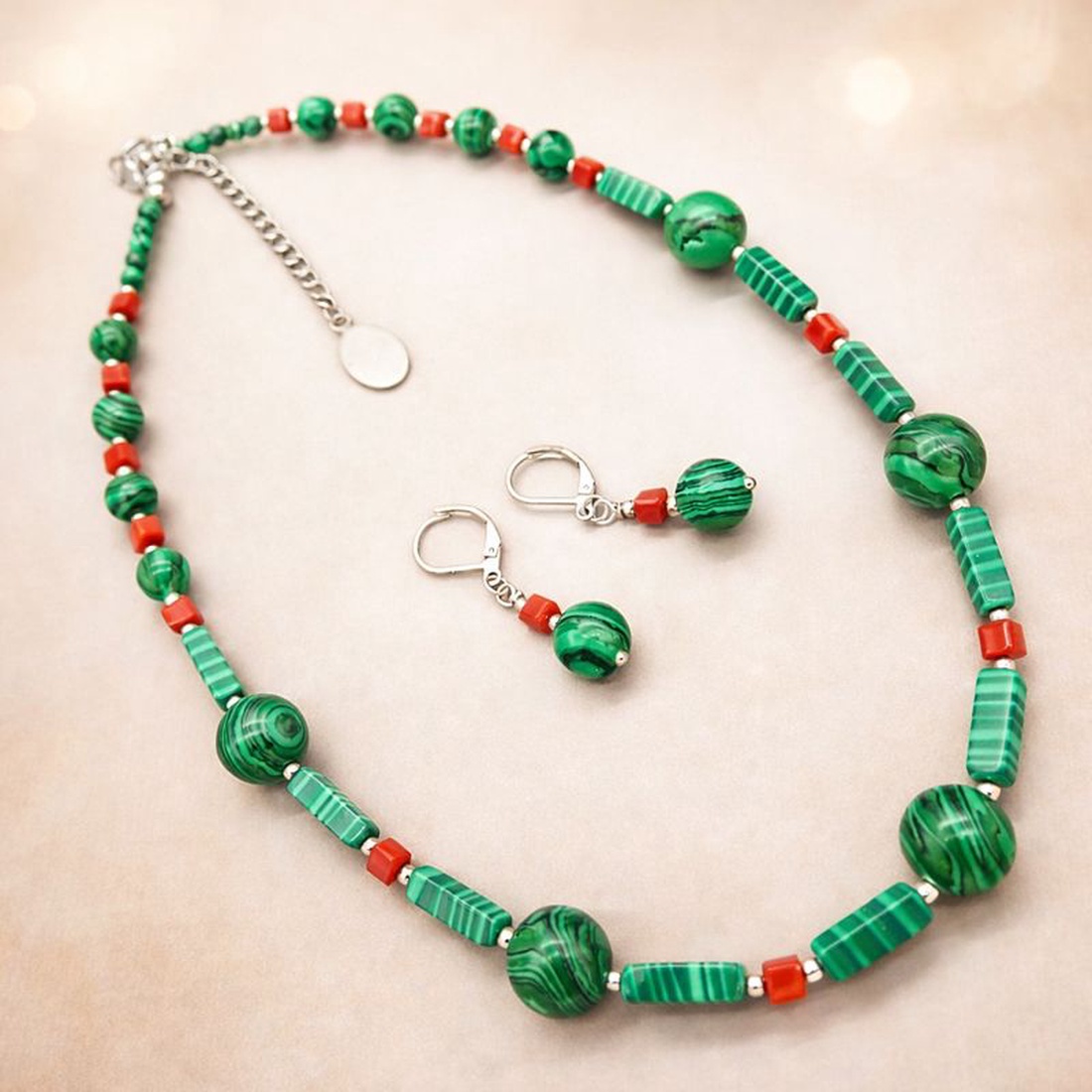 Set bijuterii handmade - malachit si sticla (cod1375) - bijuterii - seturi de bijuterii - Artynos.ro