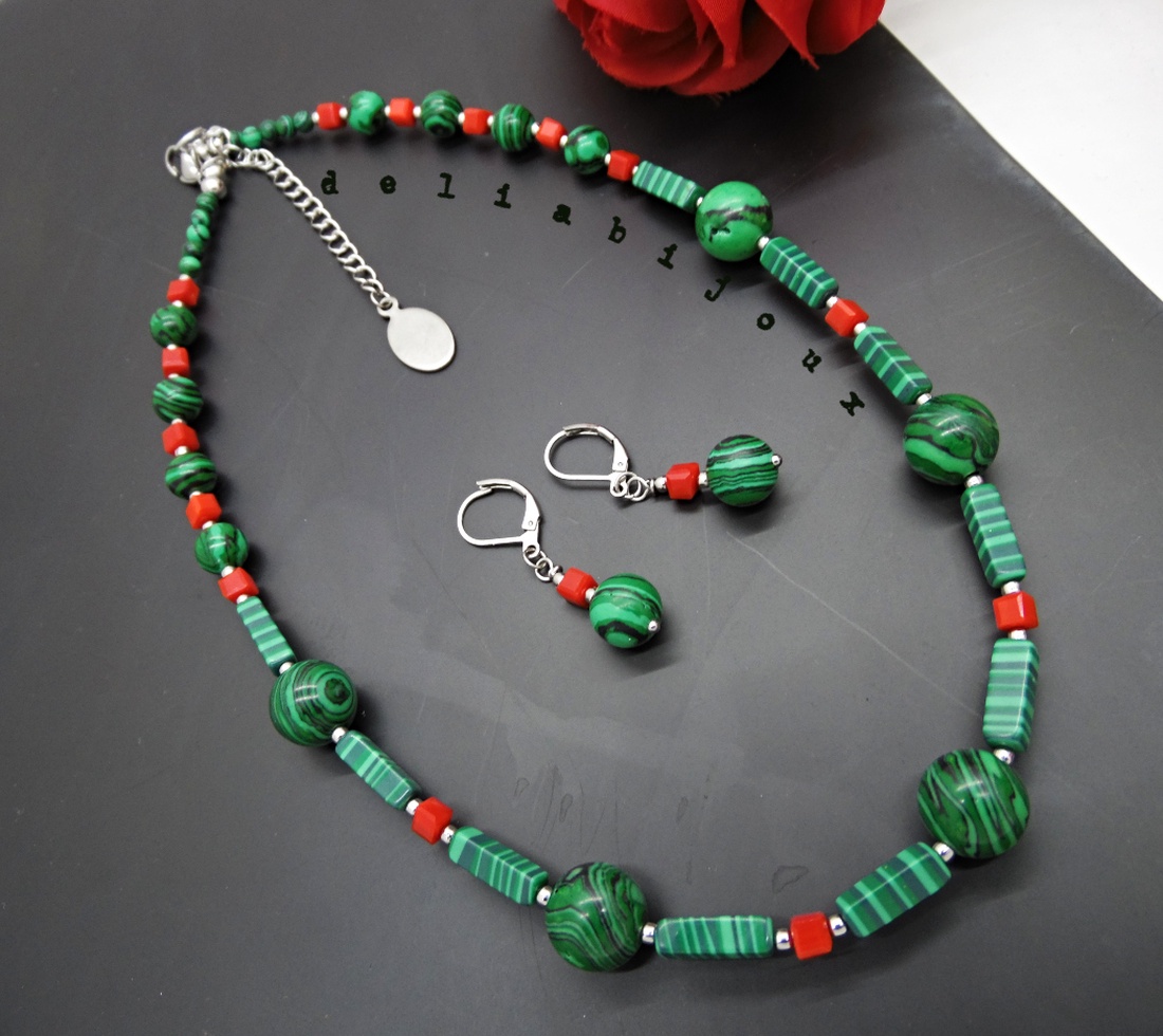 Set bijuterii handmade - malachit si sticla (cod1375) - bijuterii - seturi de bijuterii - Artynos.ro