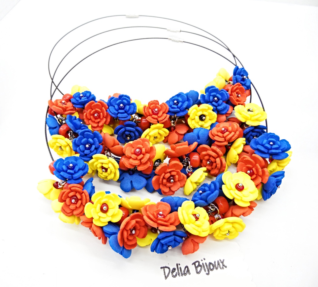 Colier handmade statement - Tricolorul Romaniei (cod1382) - bijuterii - coliere - coliere din mărgele - Artynos.ro