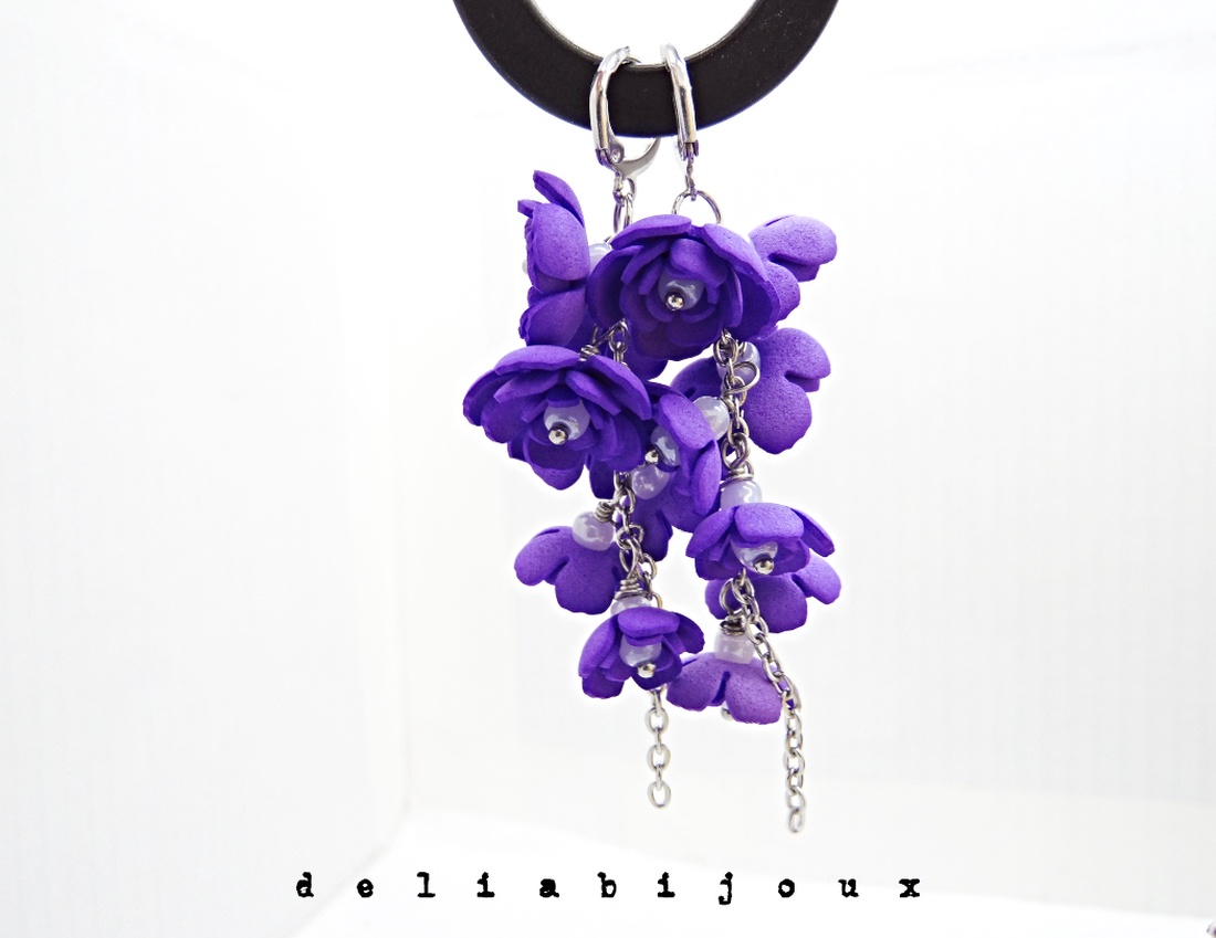 Cercei Handmade unicat cu flori mov (cod1383) - bijuterii - cercei - cercei lungi - Artynos.ro