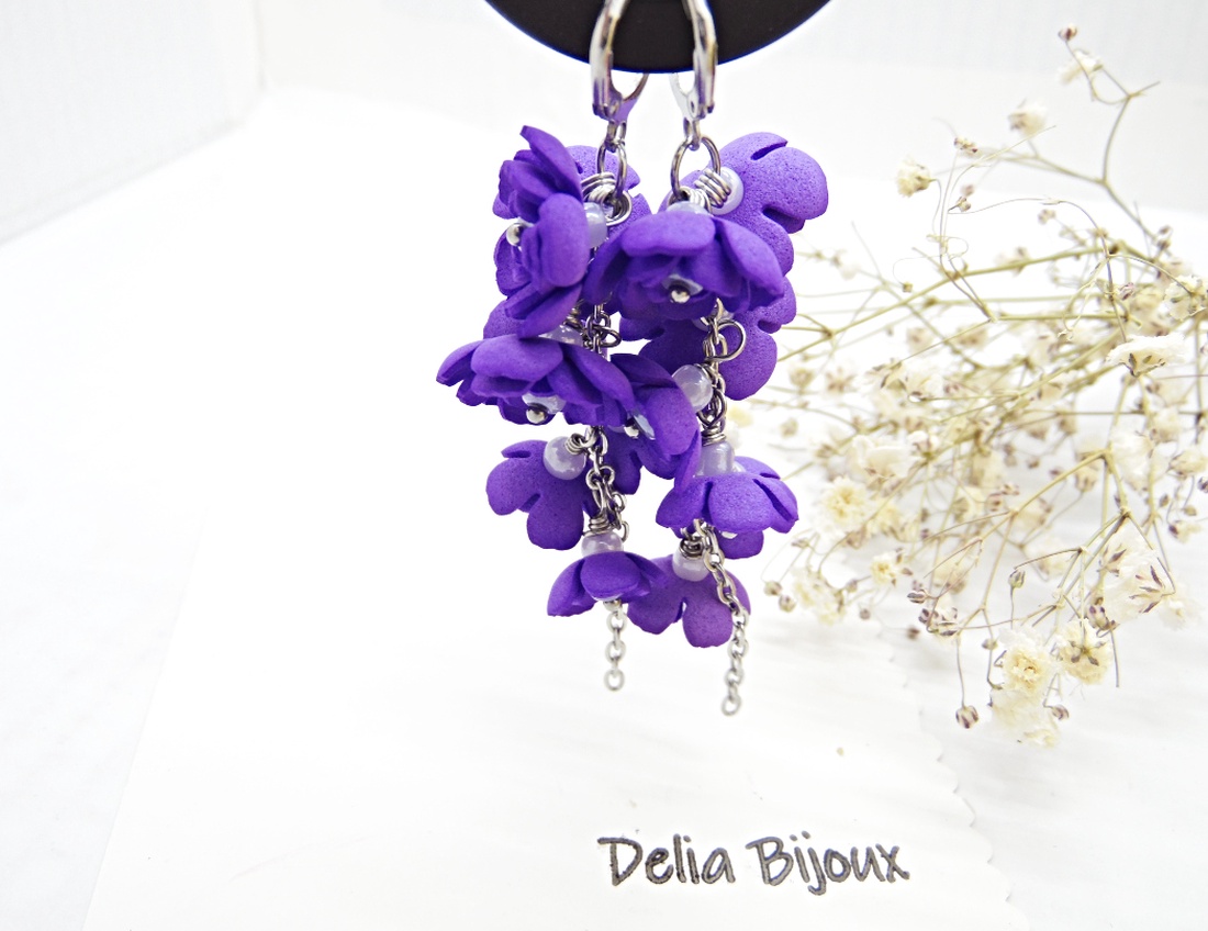 Cercei Handmade unicat cu flori mov (cod1383) - bijuterii - cercei - cercei lungi - Artynos.ro