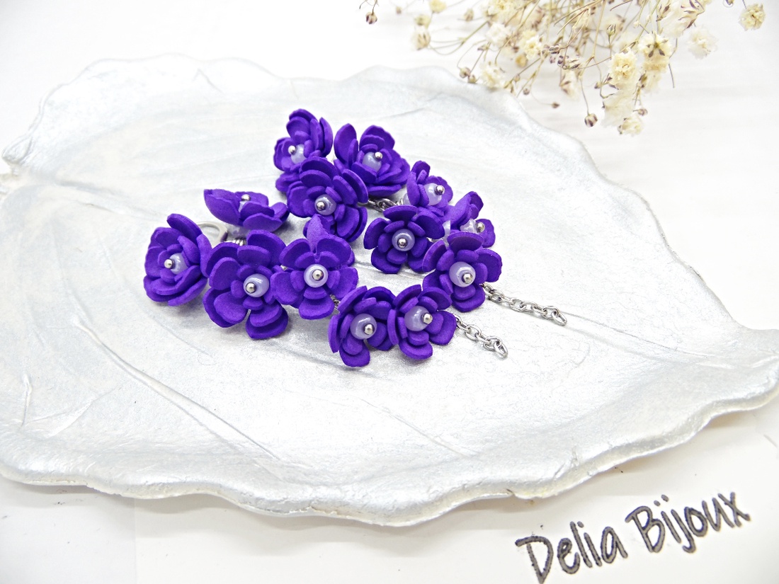 Cercei Handmade unicat cu flori mov (cod1383) - bijuterii - cercei - cercei lungi - Artynos.ro