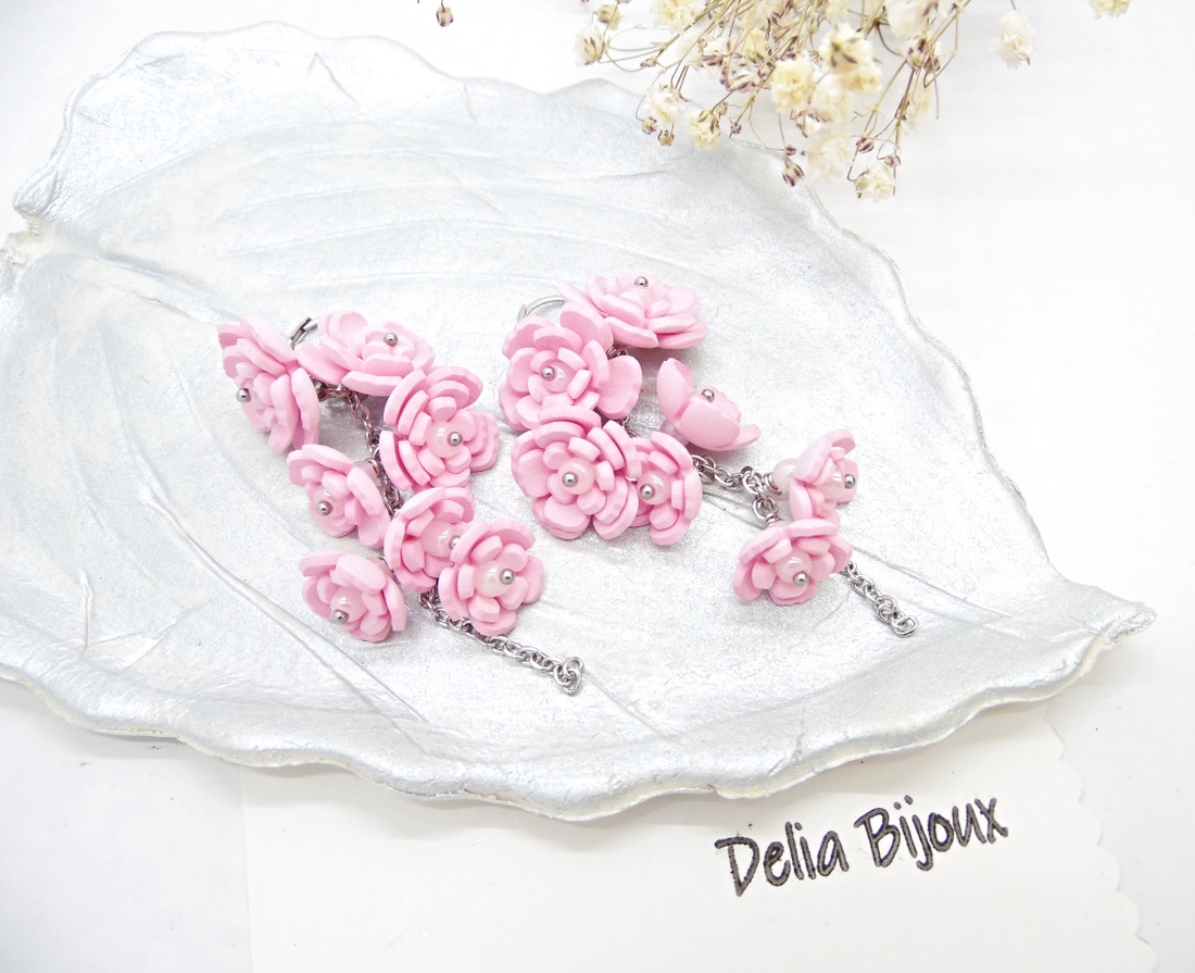 Cercei Handmade unicat cu flori roz (cod1385) - bijuterii - cercei - cercei hoops - Artynos.ro