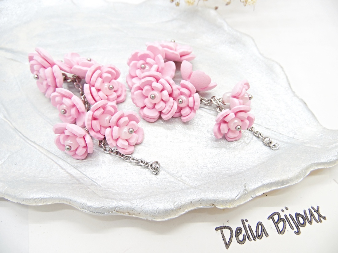 Cercei Handmade unicat cu flori roz (cod1385) - bijuterii - cercei - cercei hoops - Artynos.ro