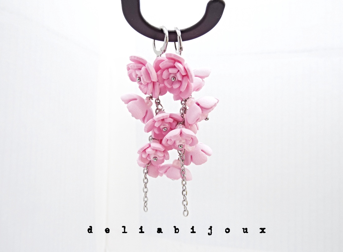 Cercei Handmade unicat cu flori roz (cod1385) - bijuterii - cercei - cercei hoops - Artynos.ro