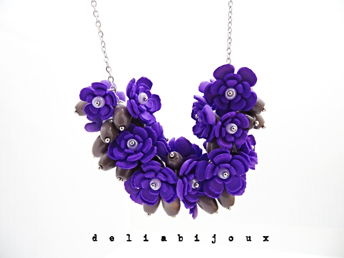 Colier handmade statement cu flori mov - buchet floral pe lanț din inox (cod1387) - bijuterii - coliere - coliere din mărgele - Artynos.ro
