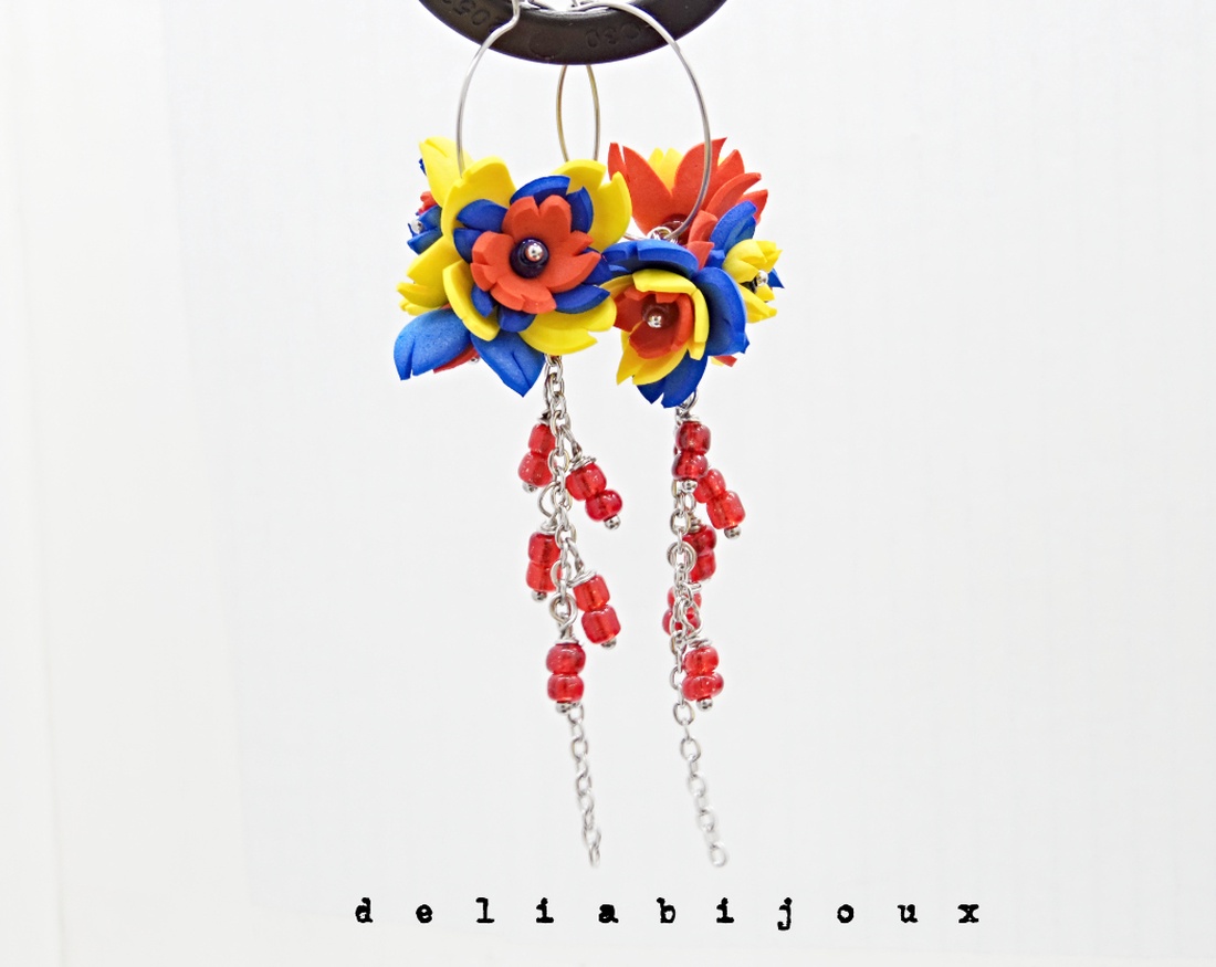 Cercei handmade statement - flori - Tricolorul Romaniei (cod1389) - bijuterii - cercei - cercei lungi - Artynos.ro