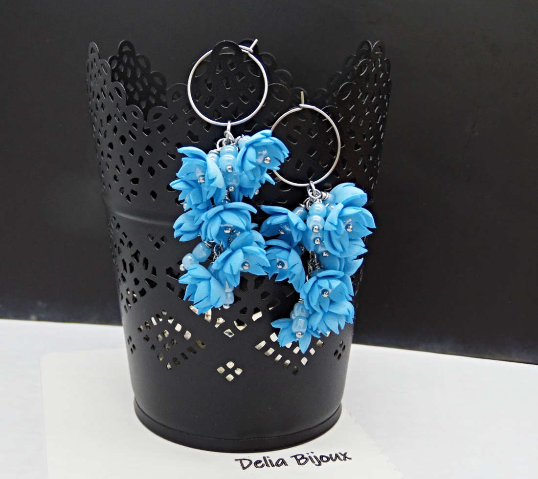 Cercei handmade, lungi cu flori bleu (cod1391) - bijuterii - cercei - cercei lungi - Artynos.ro