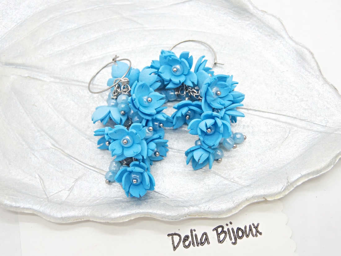Cercei handmade, lungi cu flori bleu (cod1391) - bijuterii - cercei - cercei lungi - Artynos.ro