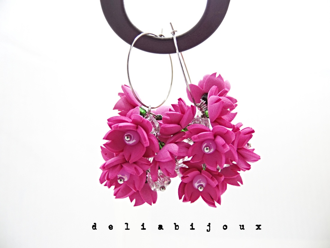 Cercei handmade, lungi cu flori ciclam (cod1393) - bijuterii - cercei - cercei lungi - Artynos.ro