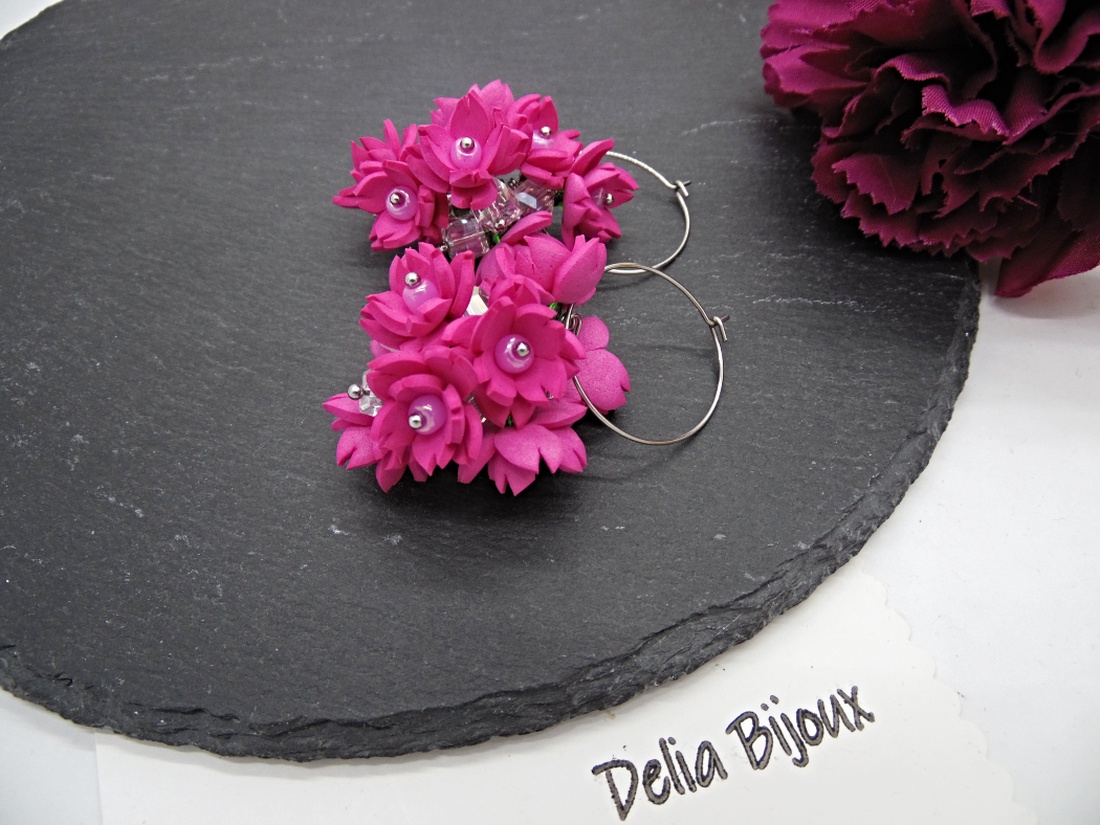 Cercei handmade, lungi cu flori ciclam (cod1393) - bijuterii - cercei - cercei lungi - Artynos.ro
