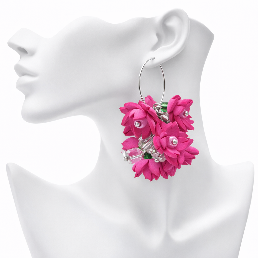 Cercei handmade, lungi cu flori ciclam (cod1393) - bijuterii - cercei - cercei lungi - Artynos.ro