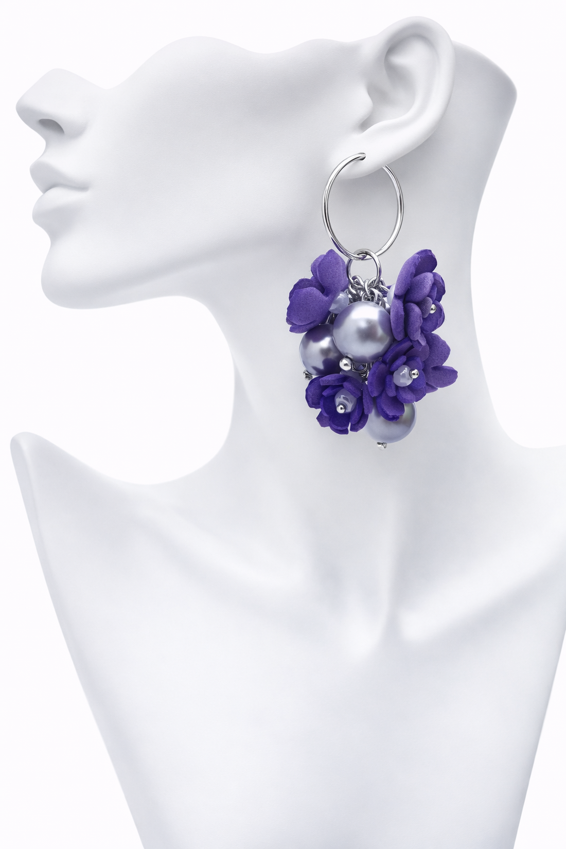 Cercei handmade, lungi cu flori mov si perle lila (cod1396) - bijuterii - cercei - cercei lungi - Artynos.ro