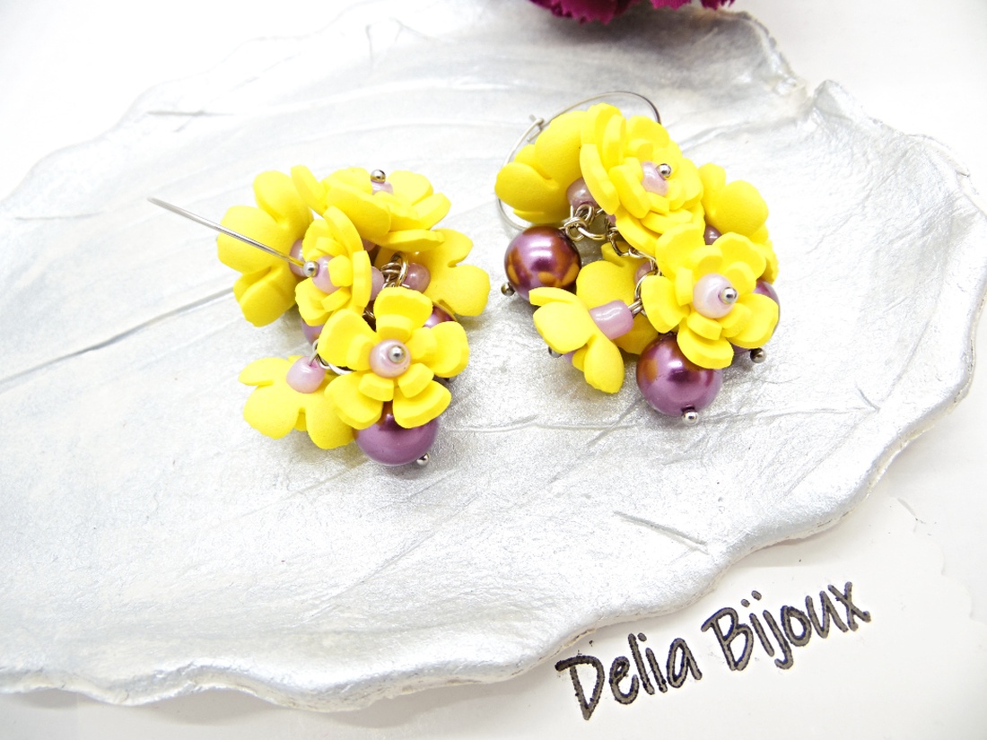 Cercei handmade, lungi cu flori galbene si perle (cod1397) - bijuterii - cercei - cercei lungi - Artynos.ro