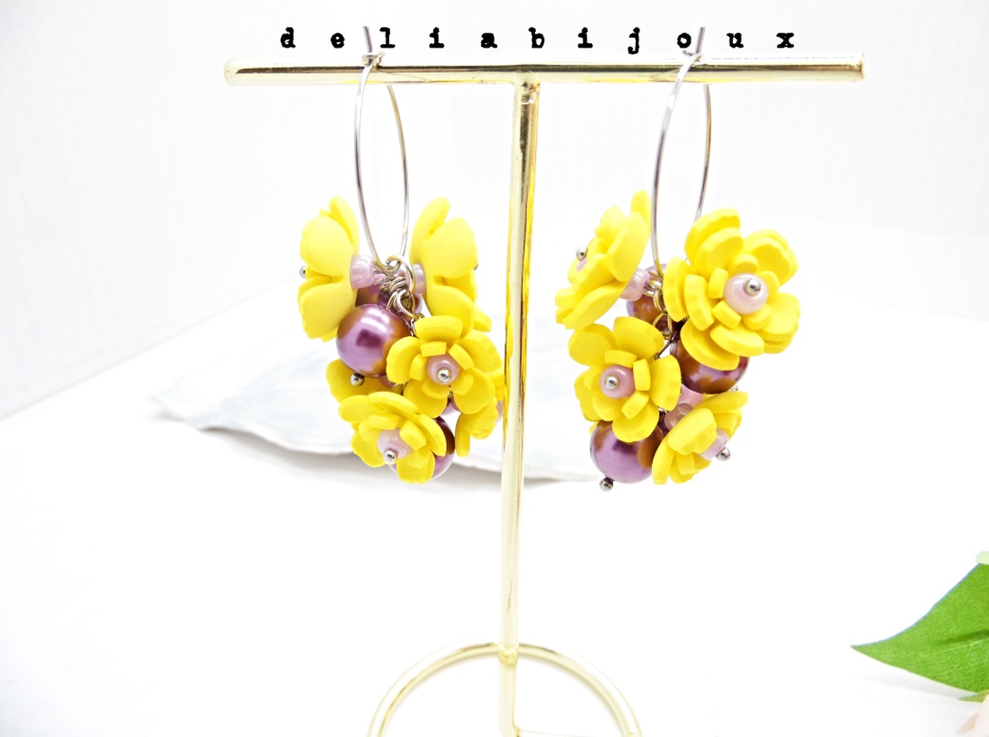 Cercei handmade, lungi cu flori galbene si perle (cod1397) - bijuterii - cercei - cercei lungi - Artynos.ro