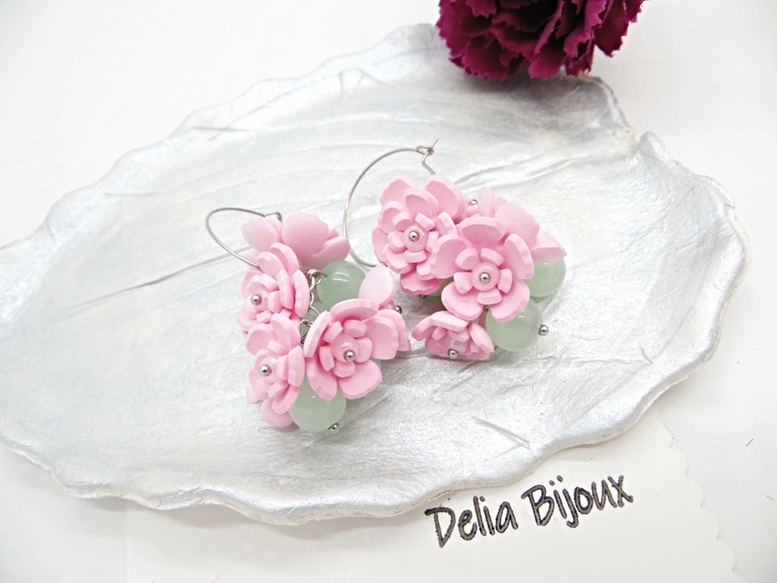 Cercei handmade, lungi cu flori roz (cod1398) - bijuterii - cercei - cercei lungi - Artynos.ro