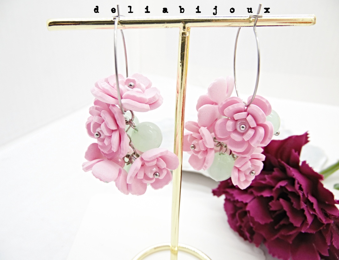 Cercei handmade, lungi cu flori roz (cod1398) - bijuterii - cercei - cercei lungi - Artynos.ro