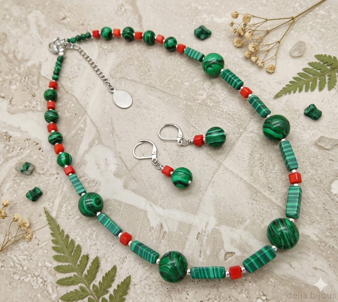 Set bijuterii handmade - malachit si sticla (cod1375) - bijuterii - seturi de bijuterii - Artynos.ro