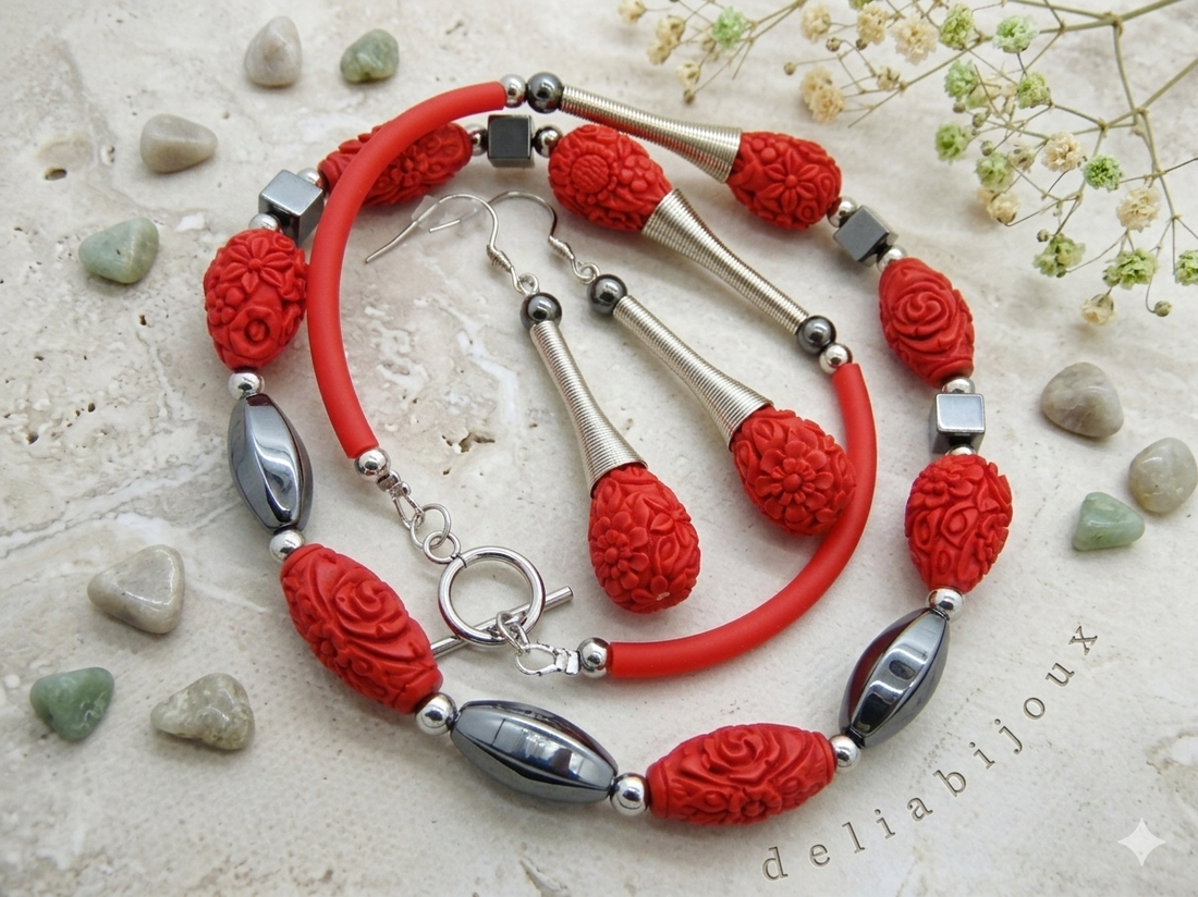 Set bijuterii handmade - hematit si cinabru (cod973) - bijuterii - seturi de bijuterii - Artynos.ro