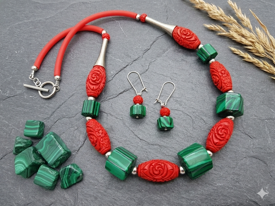 Set bijuterii handmade - malachit si cinabru (cod1215) - bijuterii - seturi de bijuterii - Artynos.ro