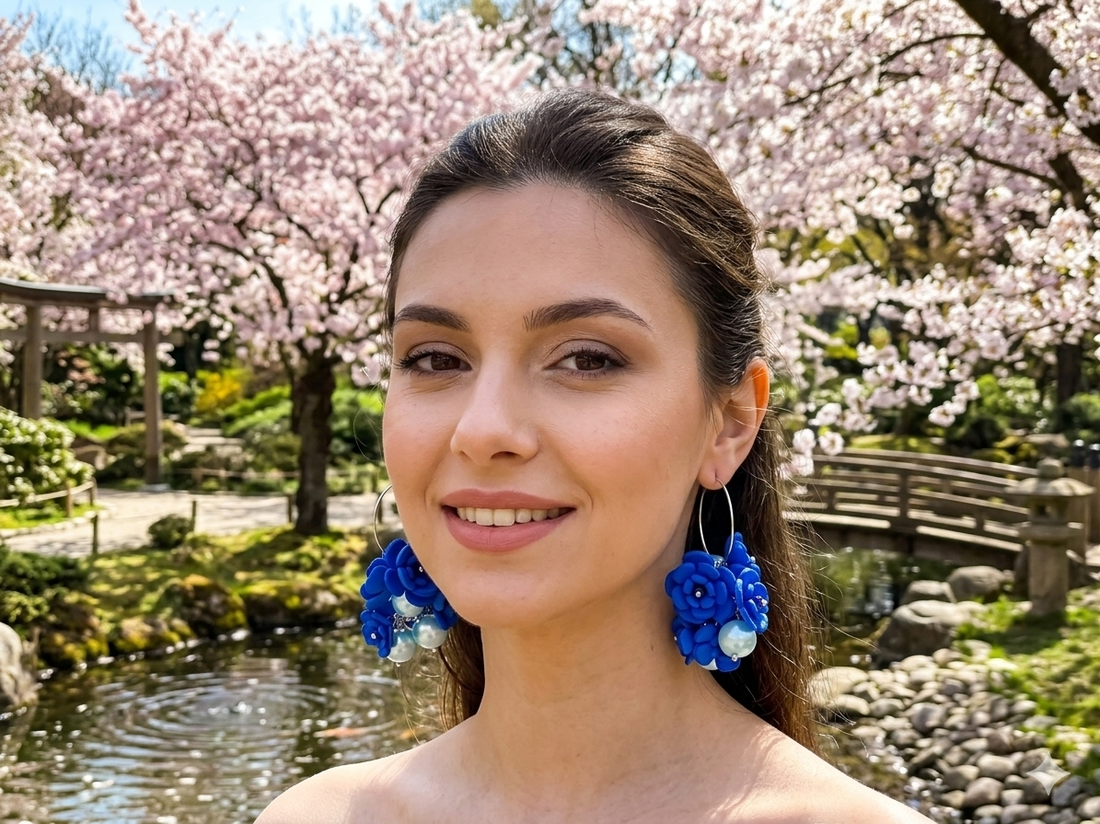 Cercei handmade cu flori albastre si perle (cod1400) - bijuterii - cercei - cercei lungi - Artynos.ro