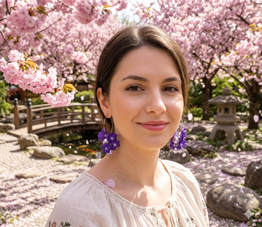 Cercei handmade, lungi cu flori mov si perle lila (cod1396) - bijuterii - cercei - cercei lungi - Artynos.ro