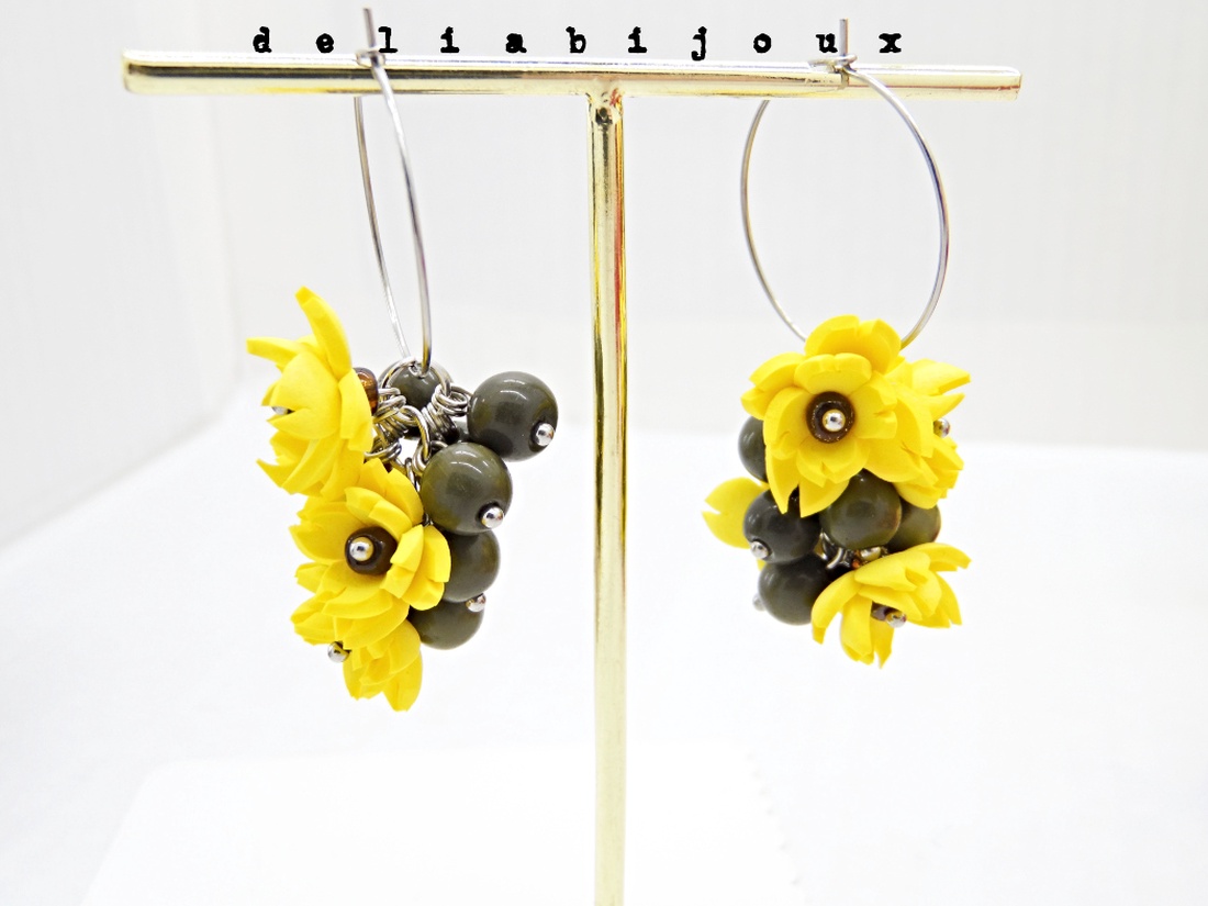 Cercei handmade cu flori galbene si margele de sticla ochi de pisica (cod1405) - bijuterii - cercei - cercei lungi - Artynos.ro