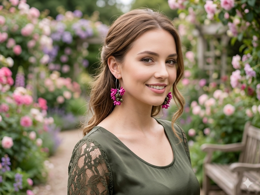 Cercei handmade, lungi cu flori ciclam si margele de sticla ochi de pisica (cod1406) - bijuterii - cercei - cercei lungi - Artynos.ro